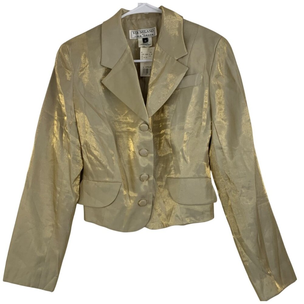 VTG Via Milano Gold Shimmer Crop Blazer By Tina Hagen Size S RY10368 NWT